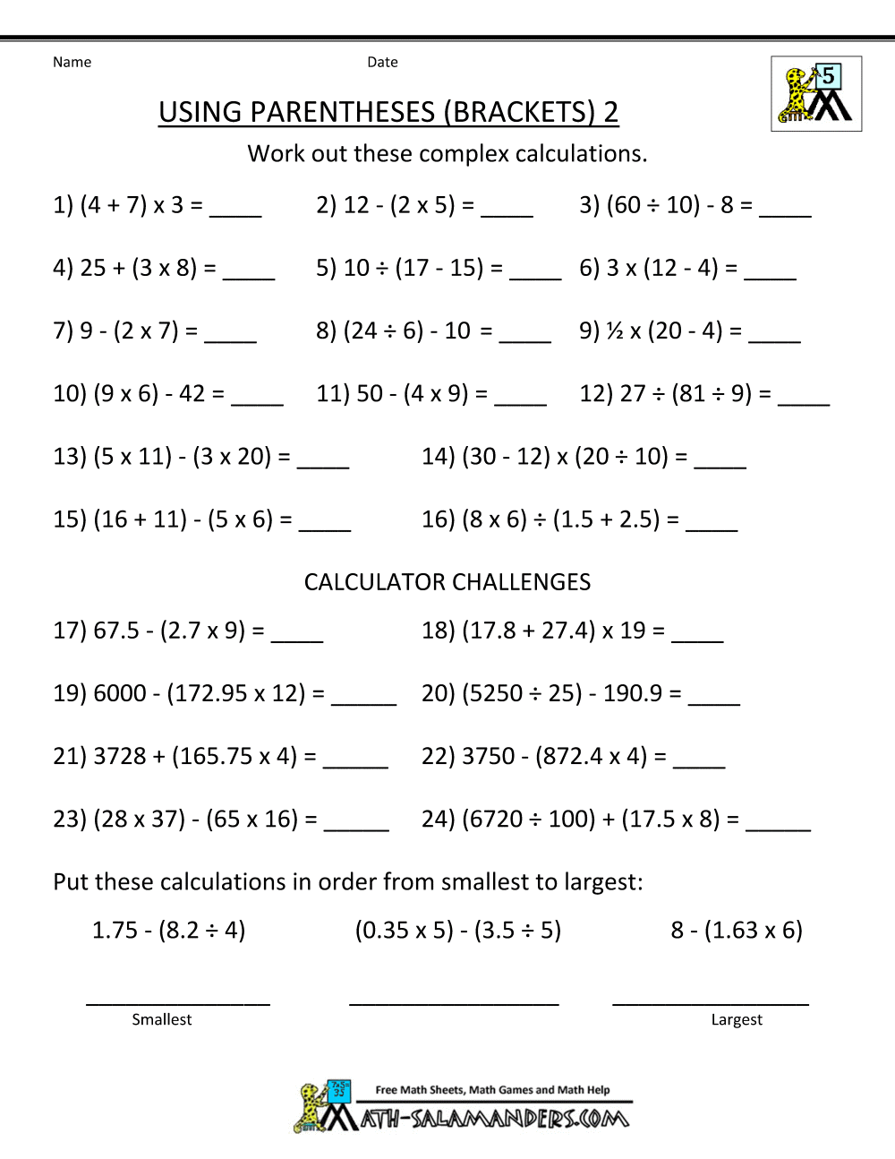 Math Worksheets 5th Grade Complex Calculations image.