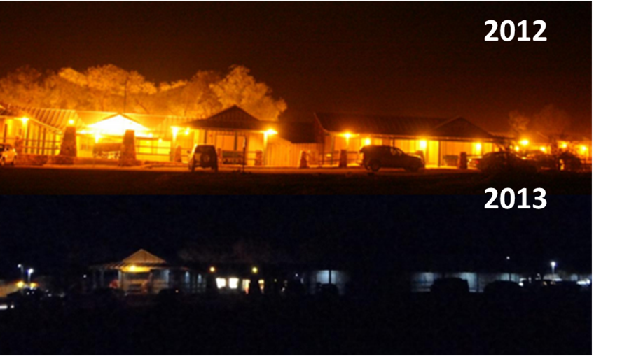 Before and After images of a row of hotel rooms. Top image has bright orange lights (unshielded yellow CFL lamps) illuminating the building, cars out front and trees behind. Top right of image reads: 2012. Bottom image is of the same hotel rooms but is mu