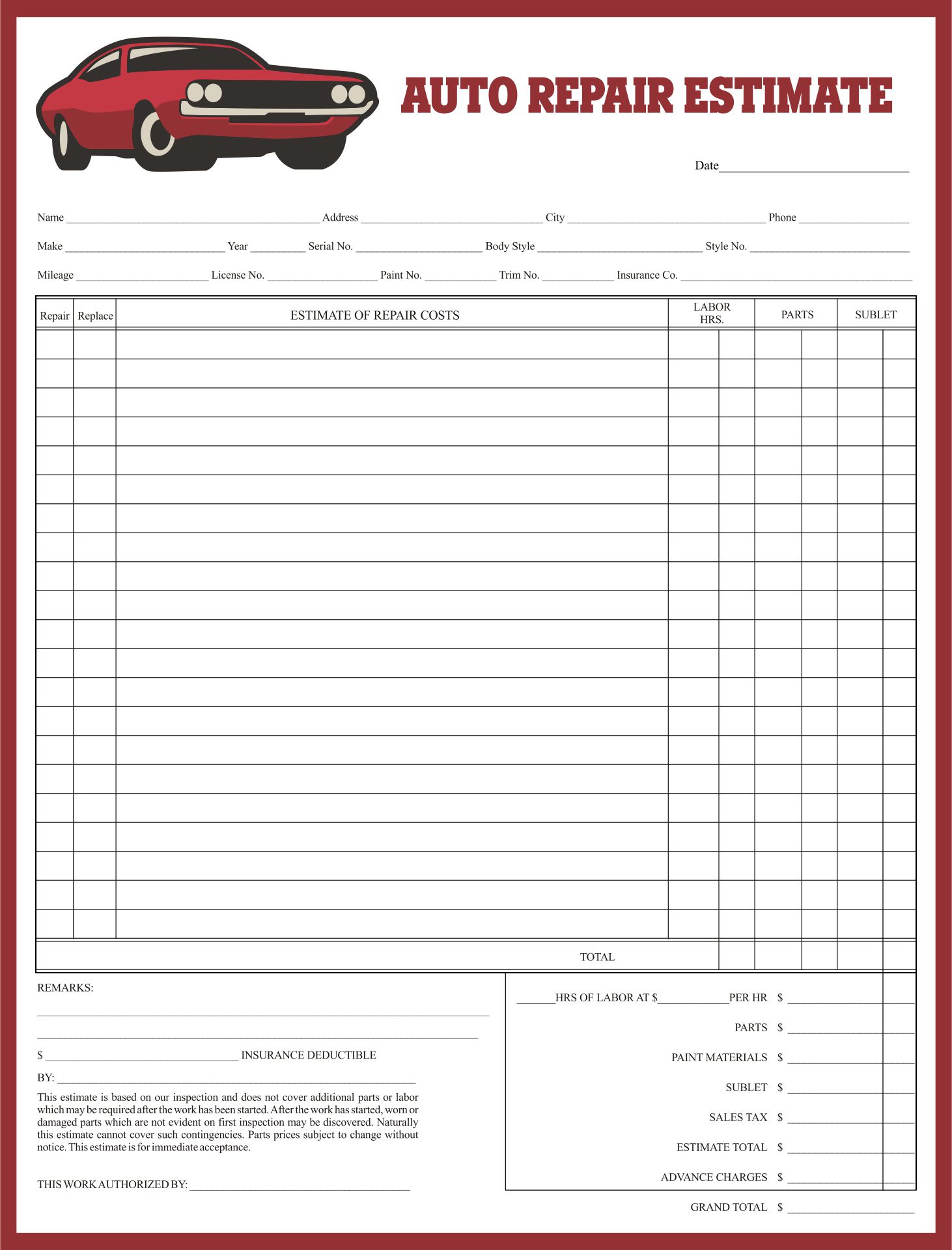 Blank Estimate Form Template