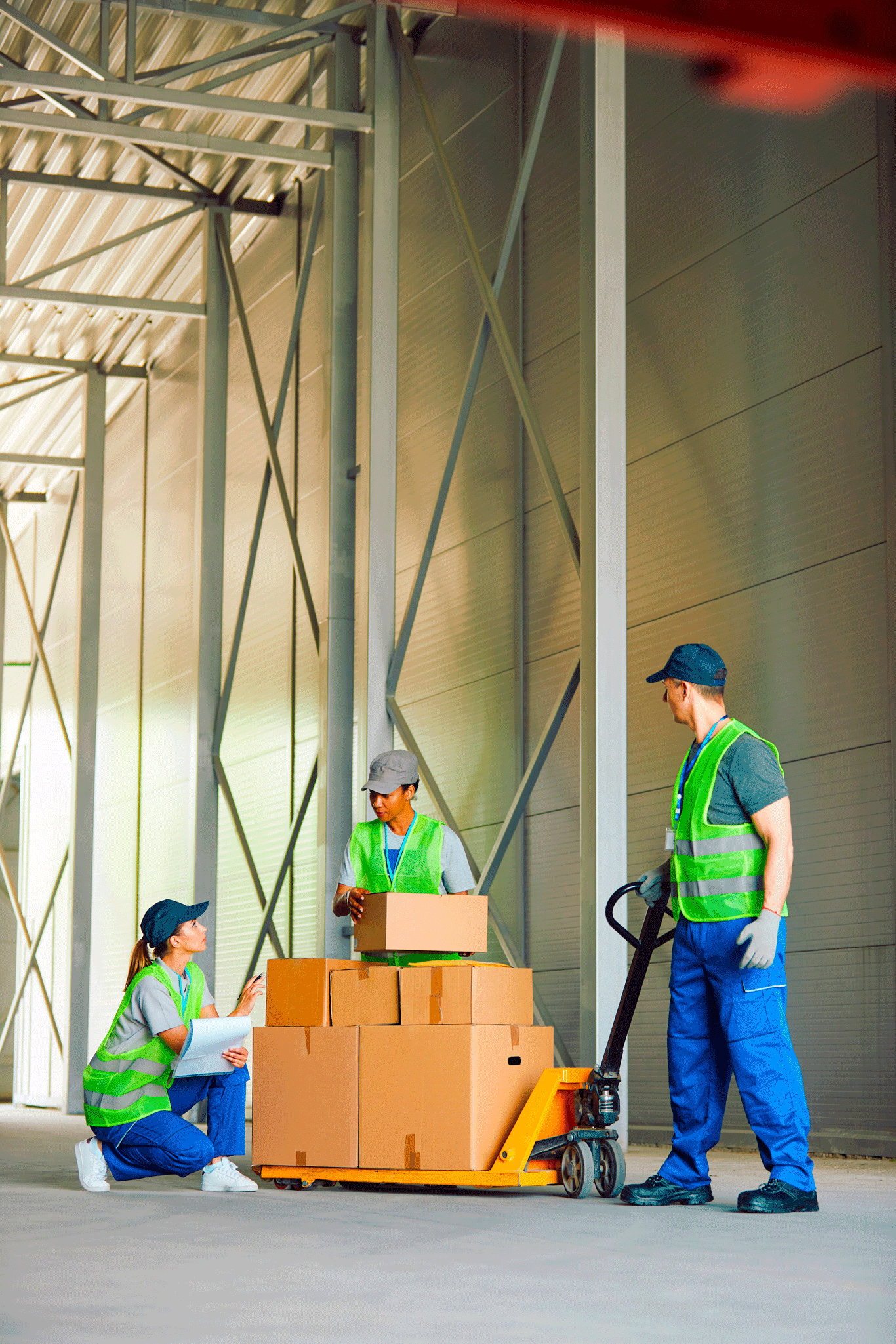 Three people in safety vests in a warehouse, looking a pallet jack with boxes