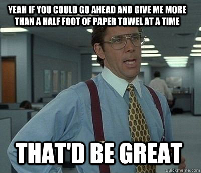 Yeah if you could go ahead and give me more than a half foot of paper towel at a time That'd be great  Bill Lumbergh