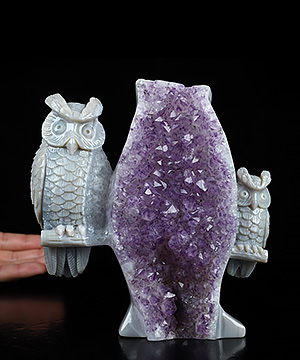 6.0" Agate Amethyst Druse Hand Carved Crystal Owl Sculpture, Crystal Healing