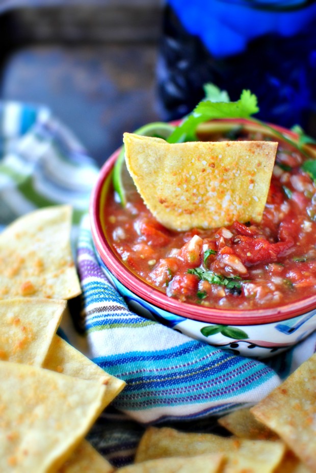 Roasted Tomato Salsa + Baked Tortilla Chips www.SimplyScratch.com chip and salsa