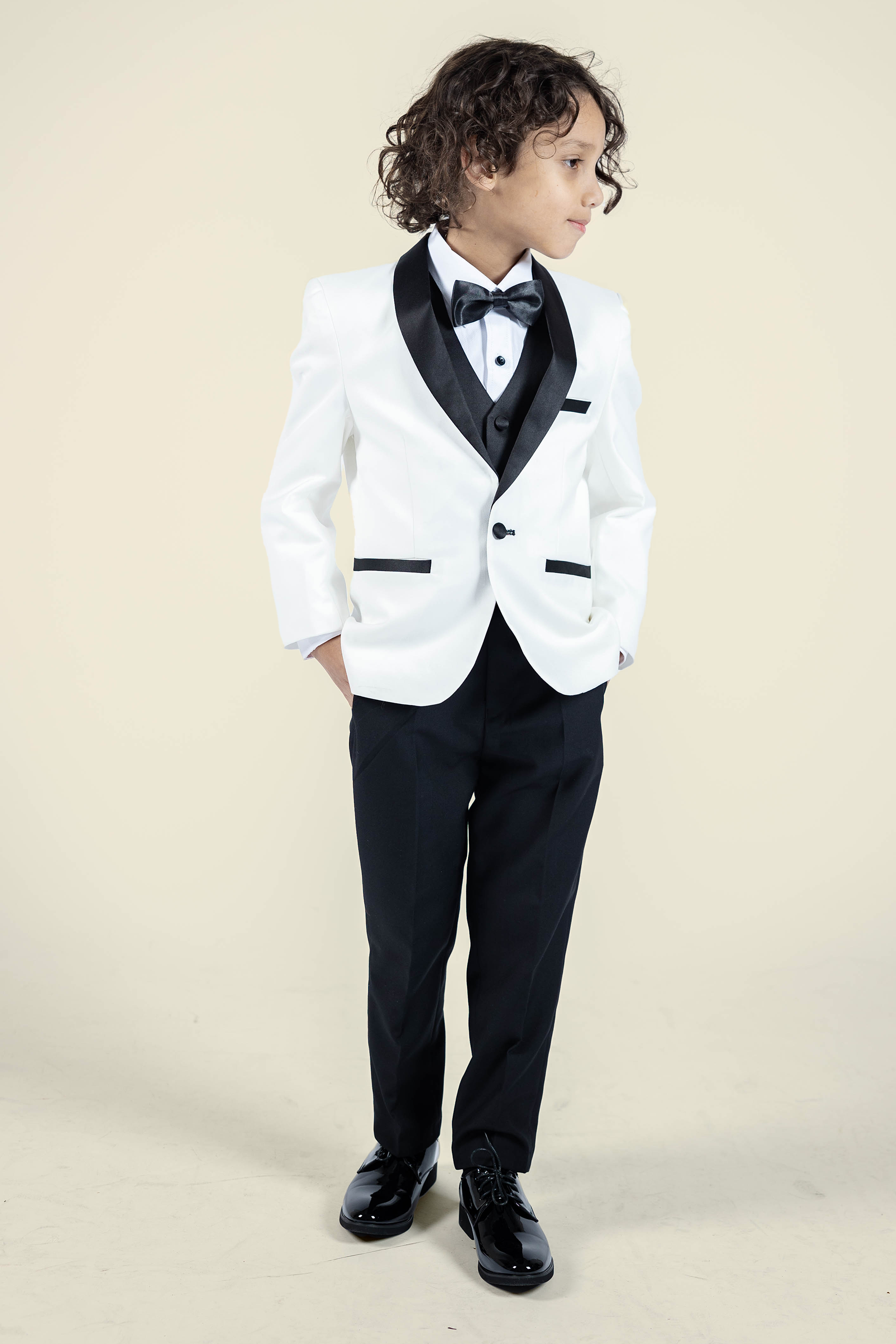 Boys Off-white Tuxedo With Black Lapel 