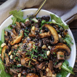 Sauteed oyster and brown mushrooms, black lentils, and caramelized onions are the basis for this lovely fall salad, with pine nuts and capers adding a great flavor boost. | www.viktoriastable.com