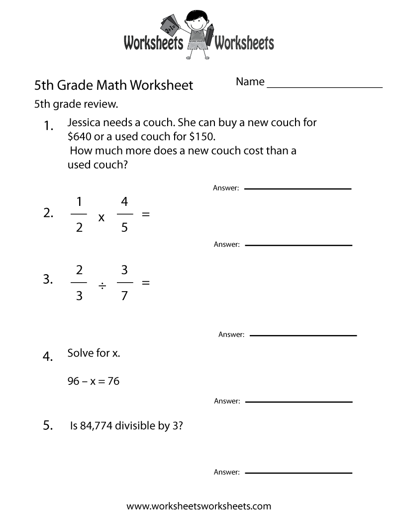 Printable Math Worksheets For 5Th Graders image.