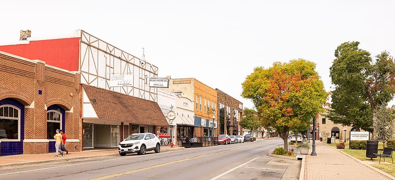 Rustic buildings along a street in Tahlequah, Oklahoma. Editorial credit: Roberto Galan / Shutterstock.com