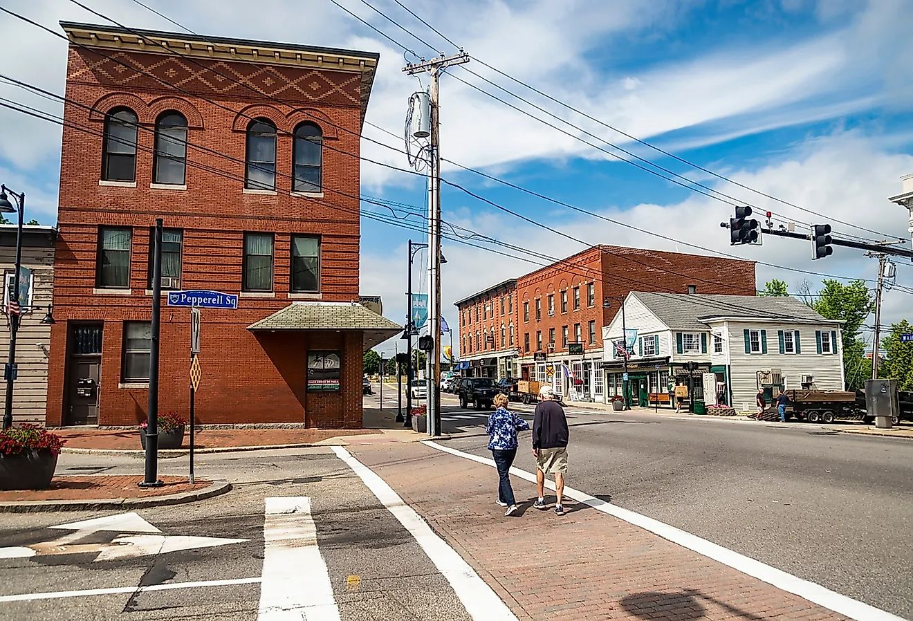 The historic brick buildings downtown Saco, Maine. Image credit Enrico Della Pietra via Shutterstock