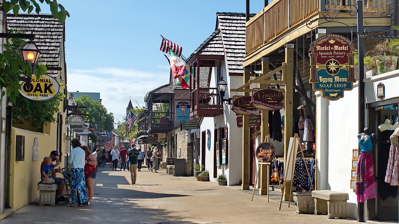 Tourists on St George Street in St. Augustine, Florida. Editorial credit: Angela N Perryman / Shutterstock.com.