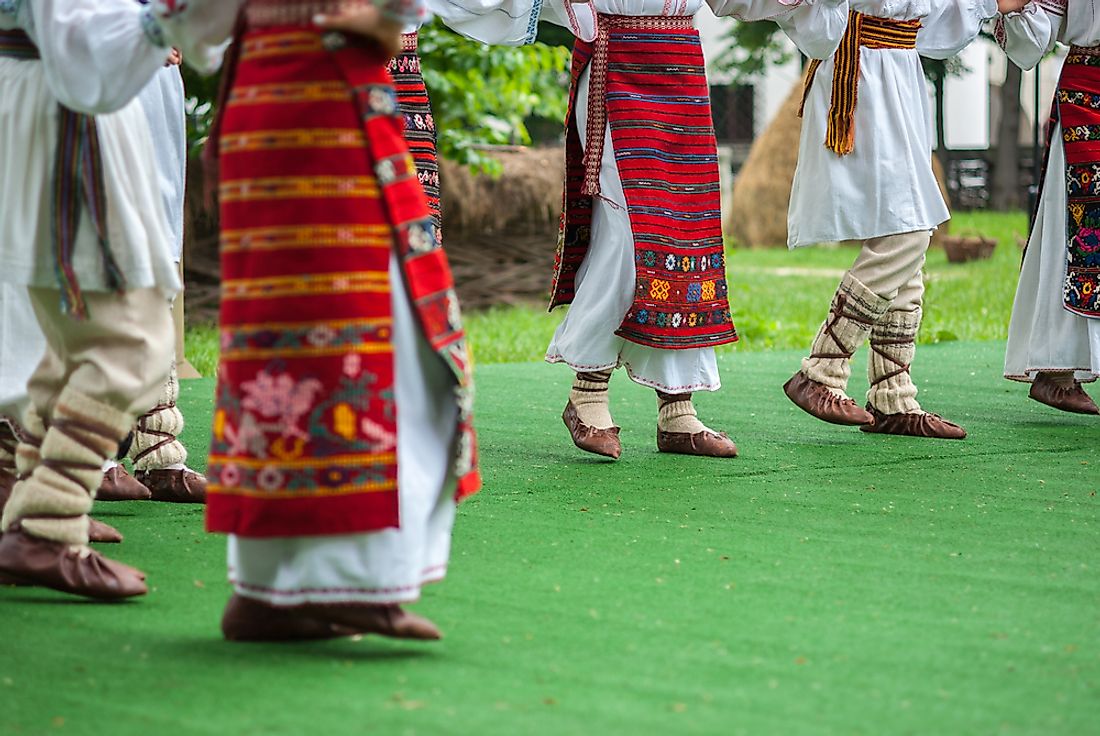 Dancers perform traditional Romanian folk dances. 