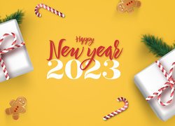 Nowy Rok, 2023, Prezenty, Lizaki, Gałązki, Życzenia, Happy New Year, Żółte, Tło 2D