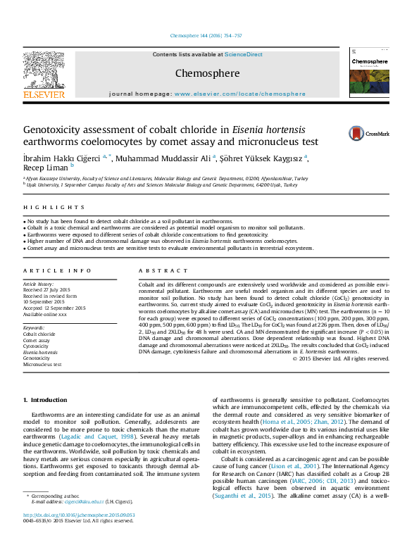 (PDF) Genotoxicity assessment of cobalt chloride in Eisenia hortensis ...