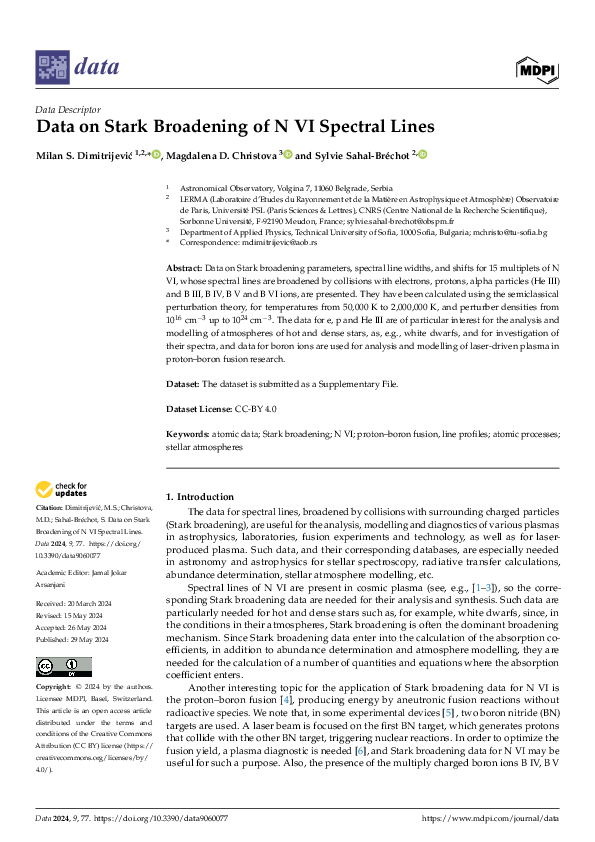 First page of “Data on Stark Broadening of N VI Spectral Lines”