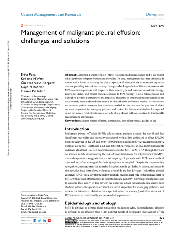 (PDF) Management of malignant pleural effusion: challenges and solutions