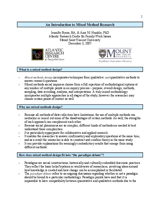 First page of “An introduction to mixed methods research”