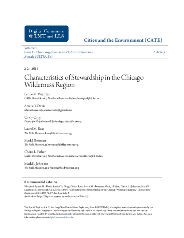 First page of “Characteristics of Stewardship in the Chicago Wilderness Region”