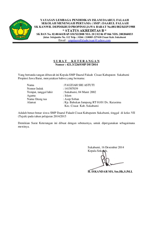 Surat Keterangan Siswa