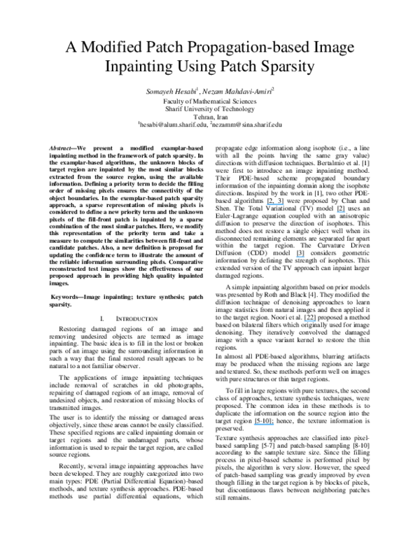 First page of “A modified patch propagation-based image inpainting using patch sparsity”