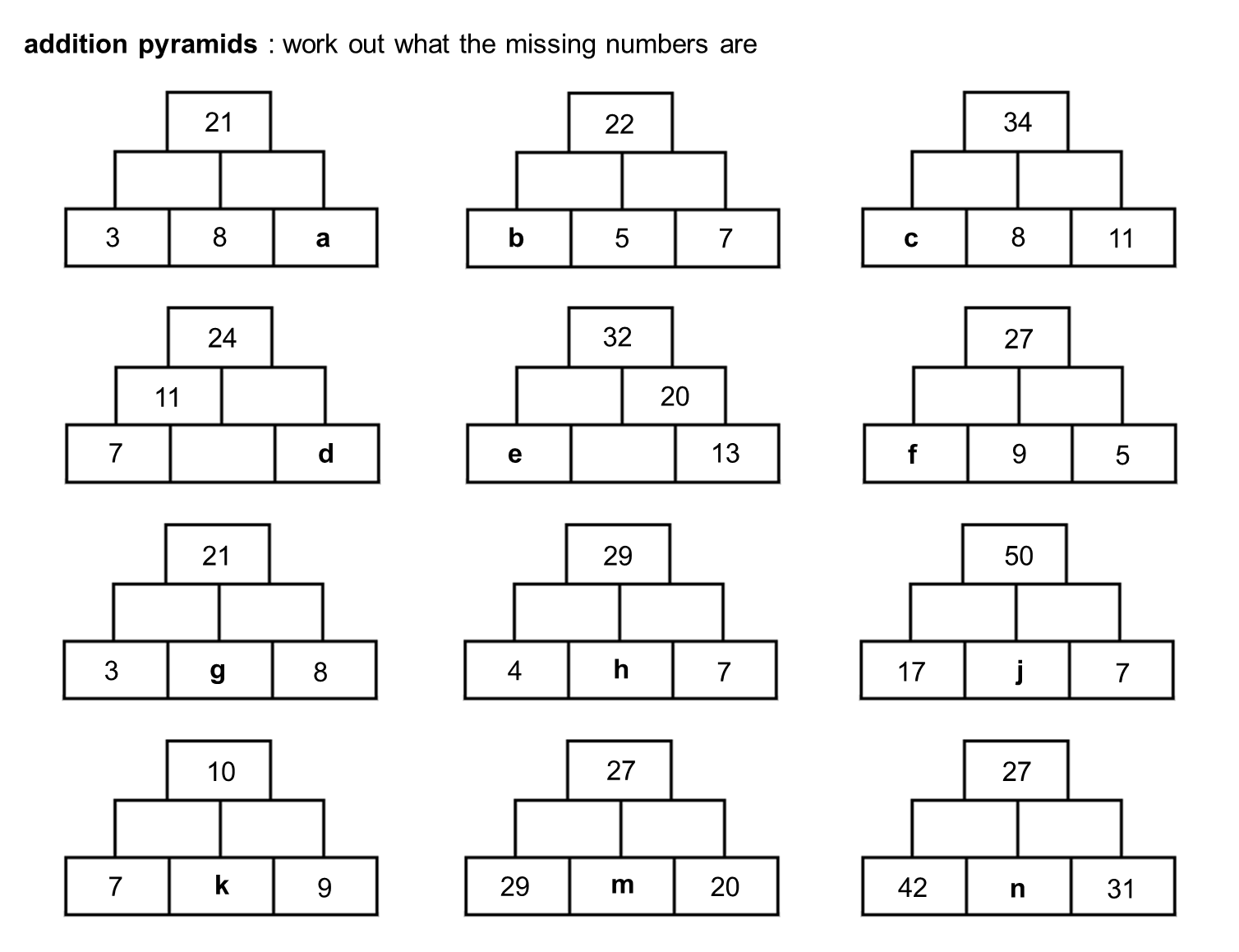 Number Pyramids Worksheet