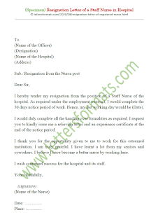 Resignation Letter of a Staff or Head Nurse in Hospital Example