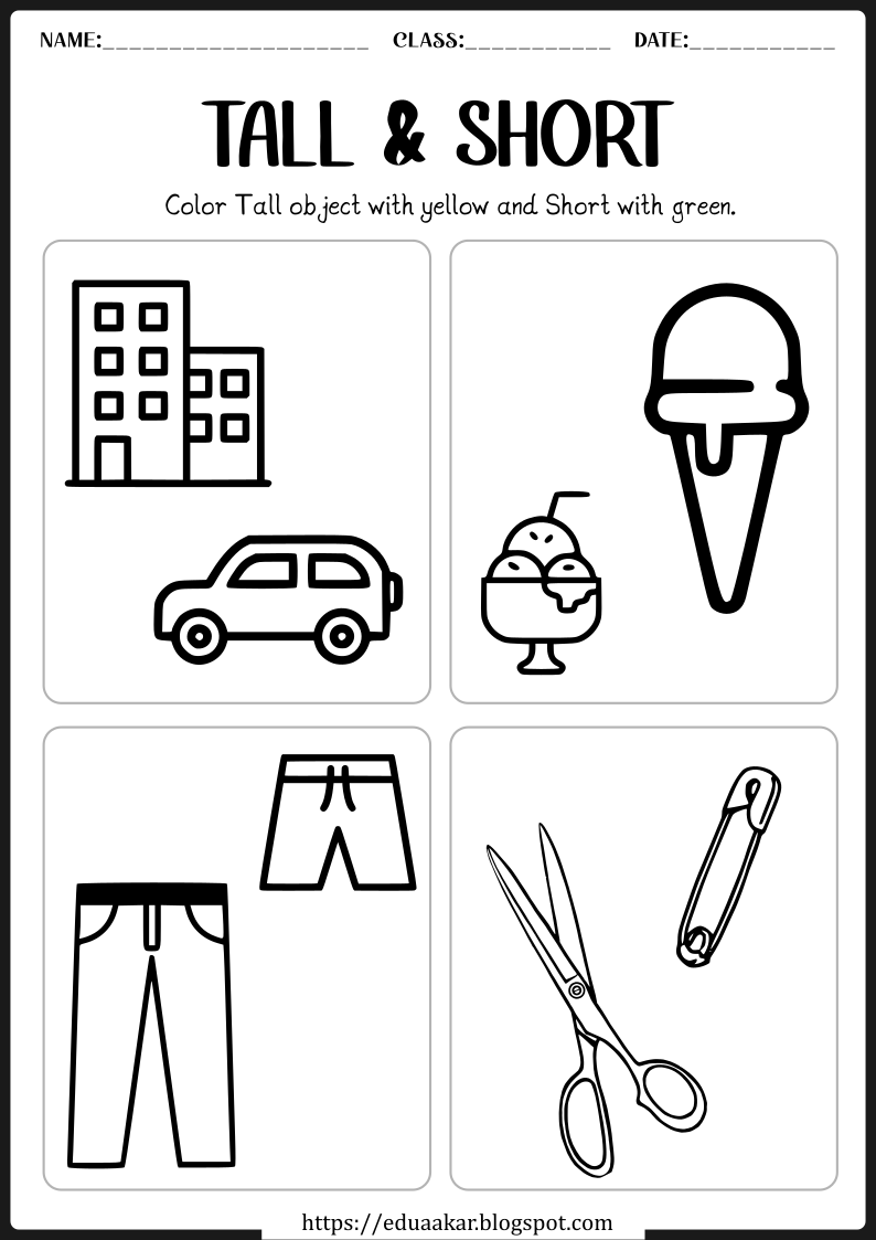 Tall and Short worksheets for kids | Pre-Math Concept