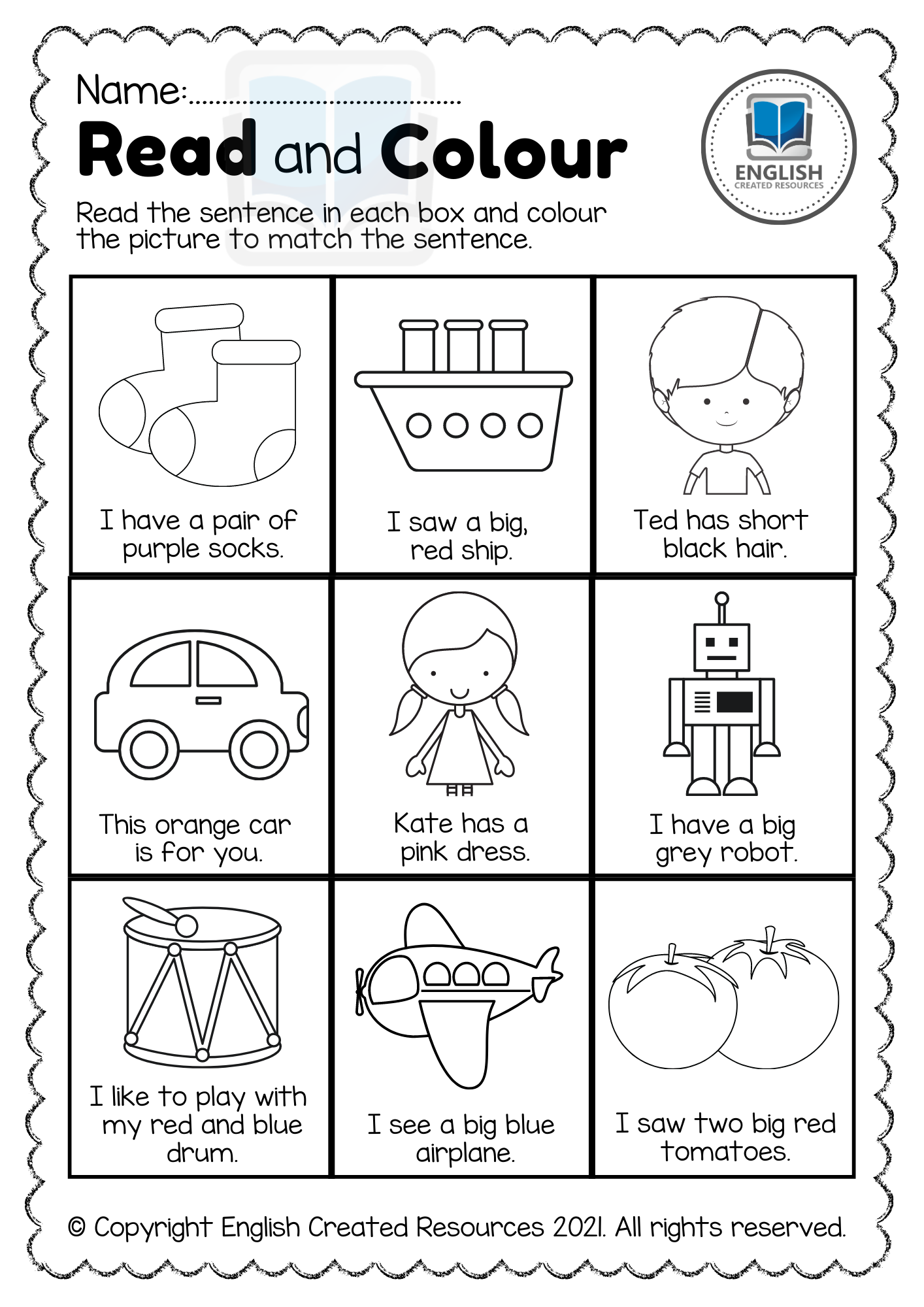 Read and Colour Worksheets KG & Grade 1 – English Created Resources