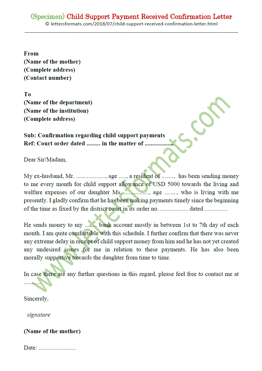 Sample Letter Of Child Support Payment Collection - Letter Template ...