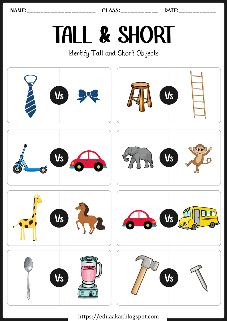 Tall and Short worksheets for kids | Pre-Math Concept