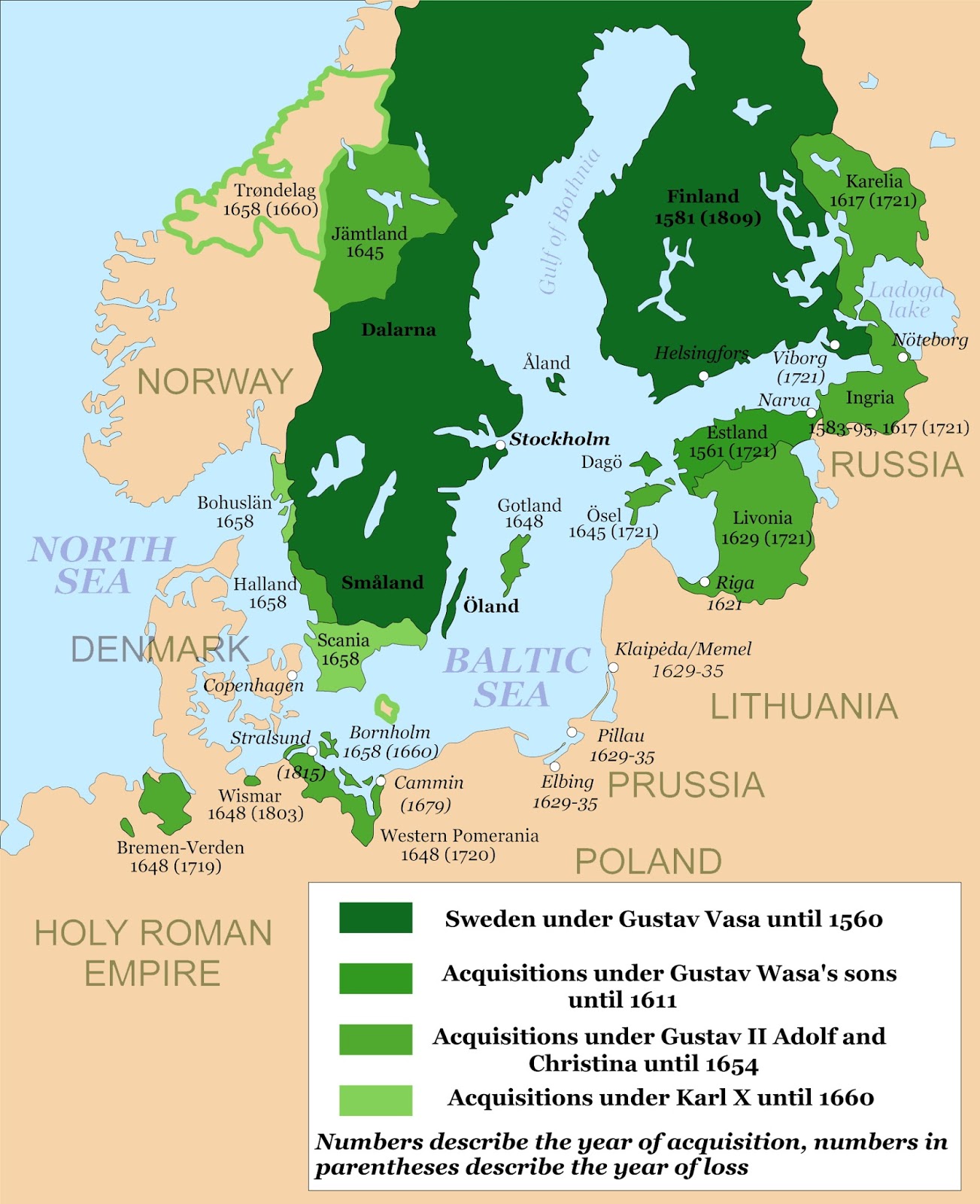 Map of the Swedish Empire and its various conquests - Vivid Maps image.