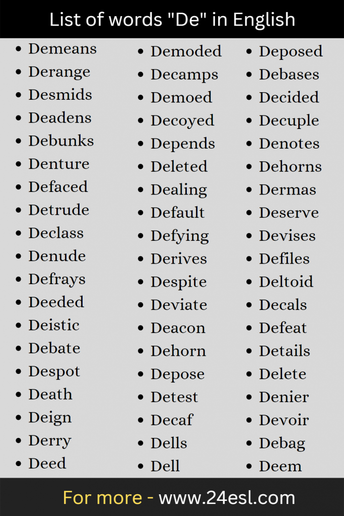 List of words "De" in English