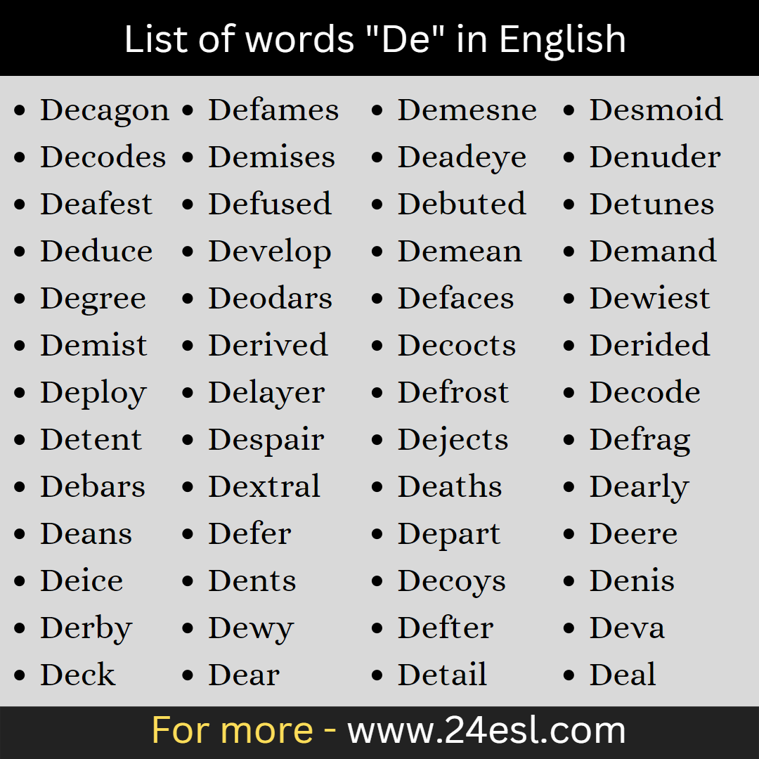 List of words "De" in English