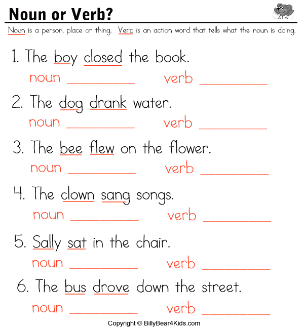 Noun Verb Worksheet 1st Grade