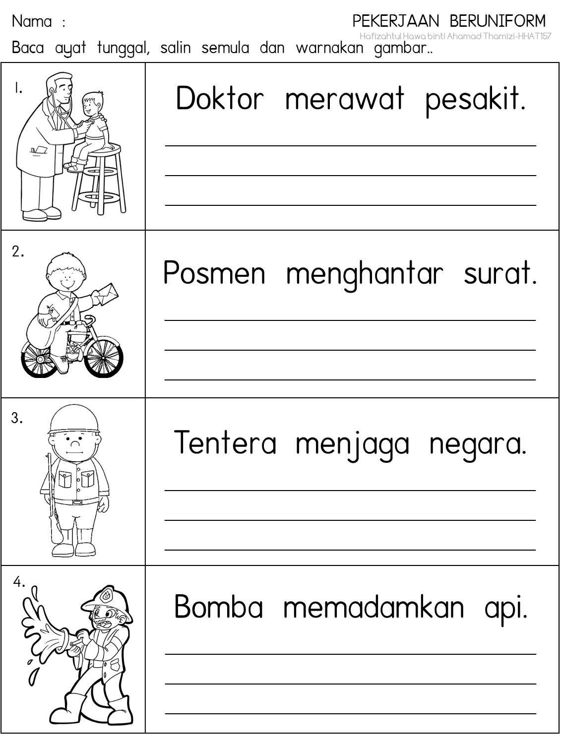 Mewarna Lembaran Kerja Prasekolah Tema Pekerjaan Beruniform - Reverasite