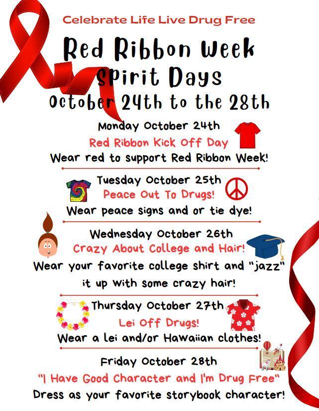 Red Ribbon Week Spirit Days 10/24/22-10/28/22 / Semana del Listón Rojo ... image.