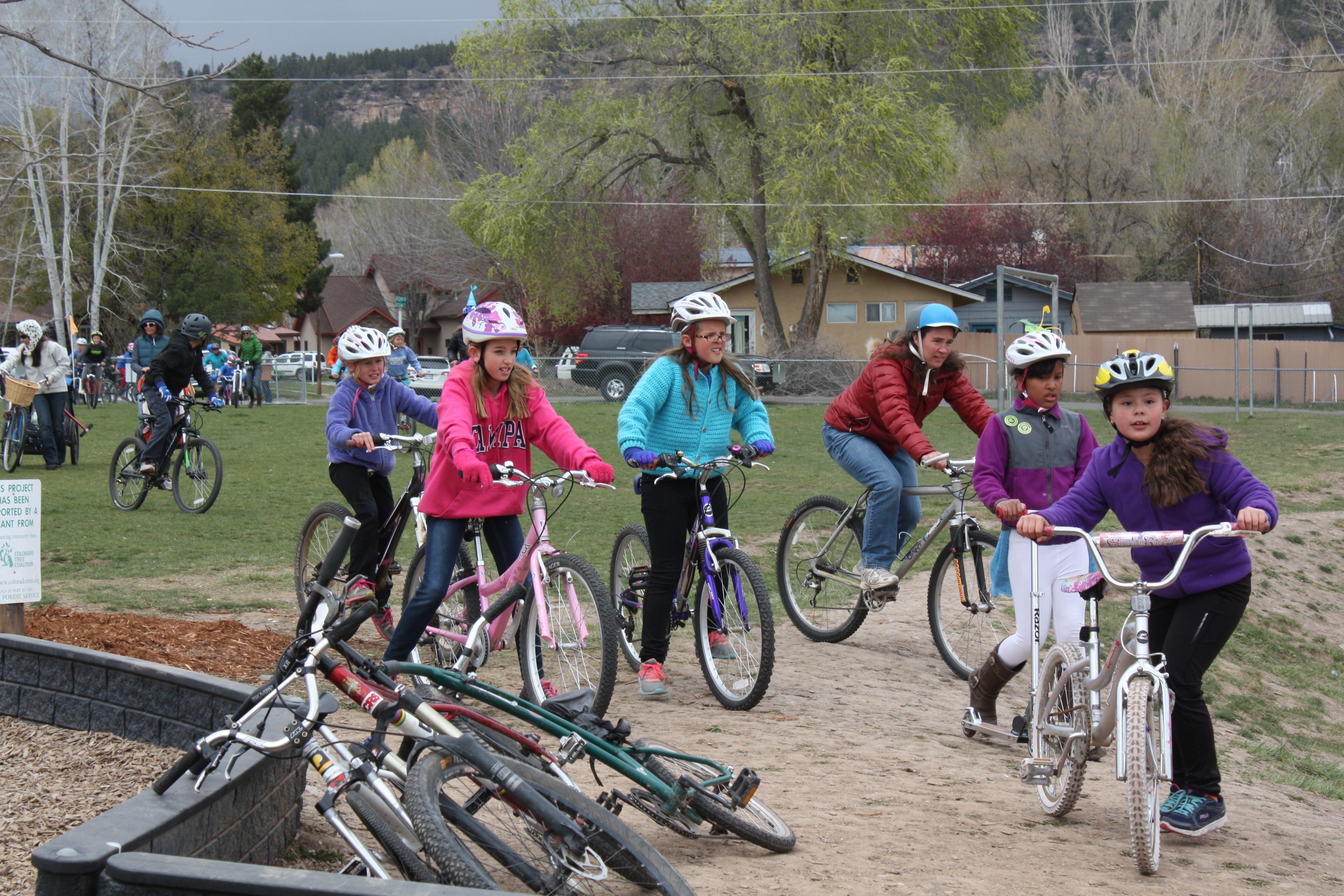 group of students on bicycles