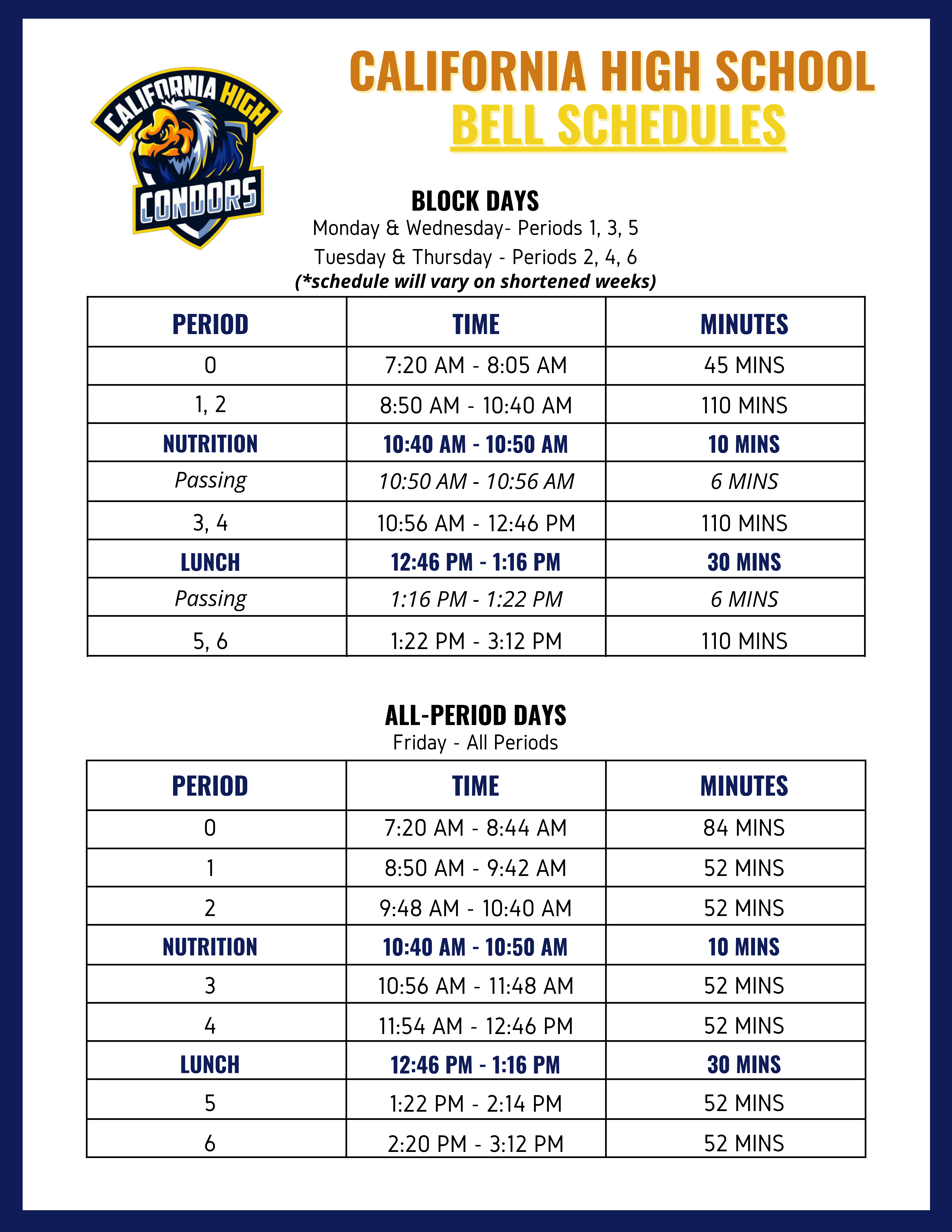 Bell Schedule Our School California High School