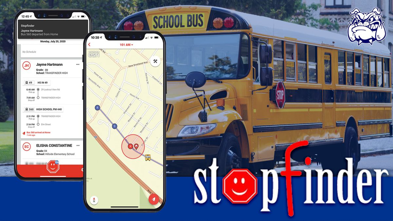 A school bus and two phones showing images of the Stopfinder app