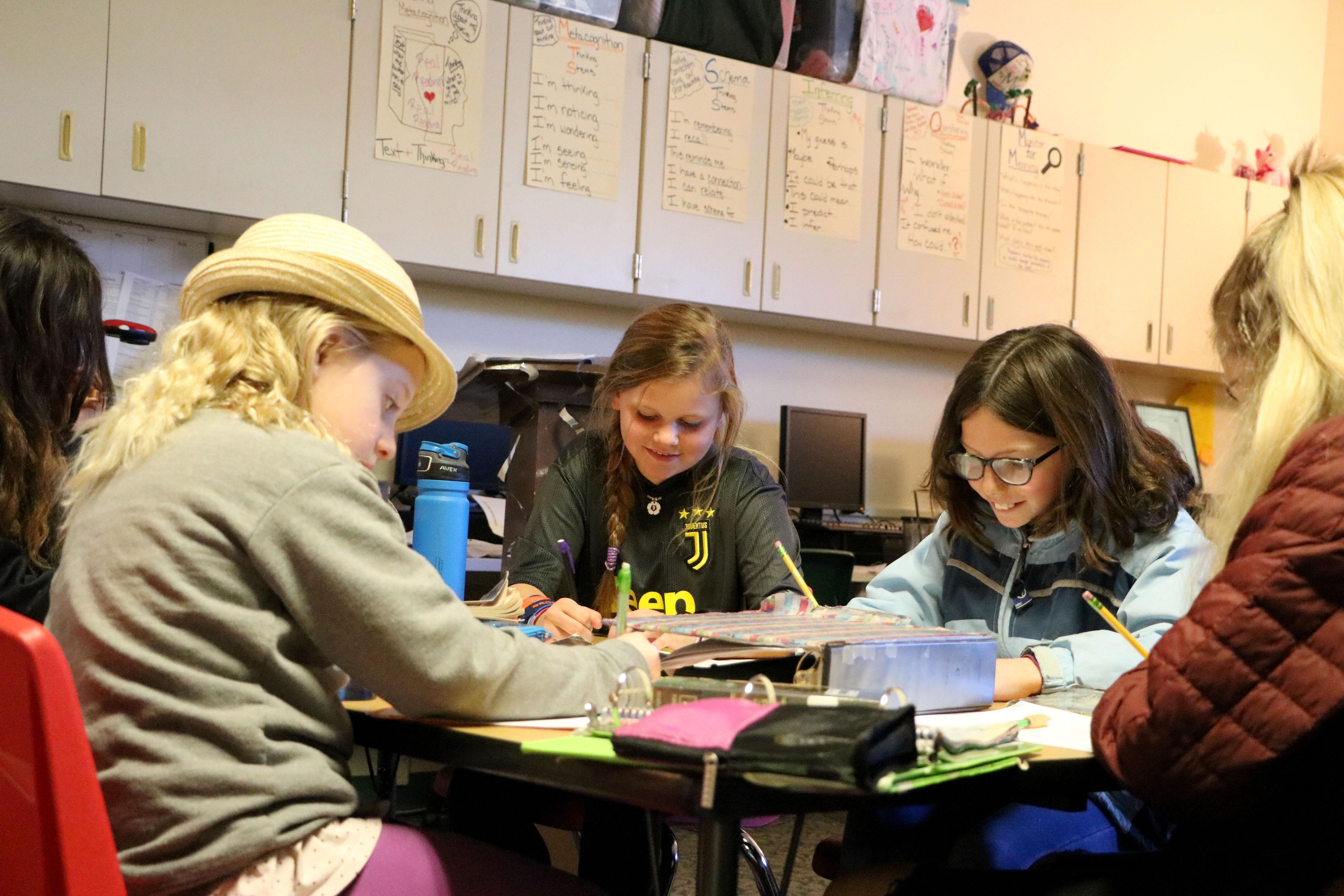 4 students working at table