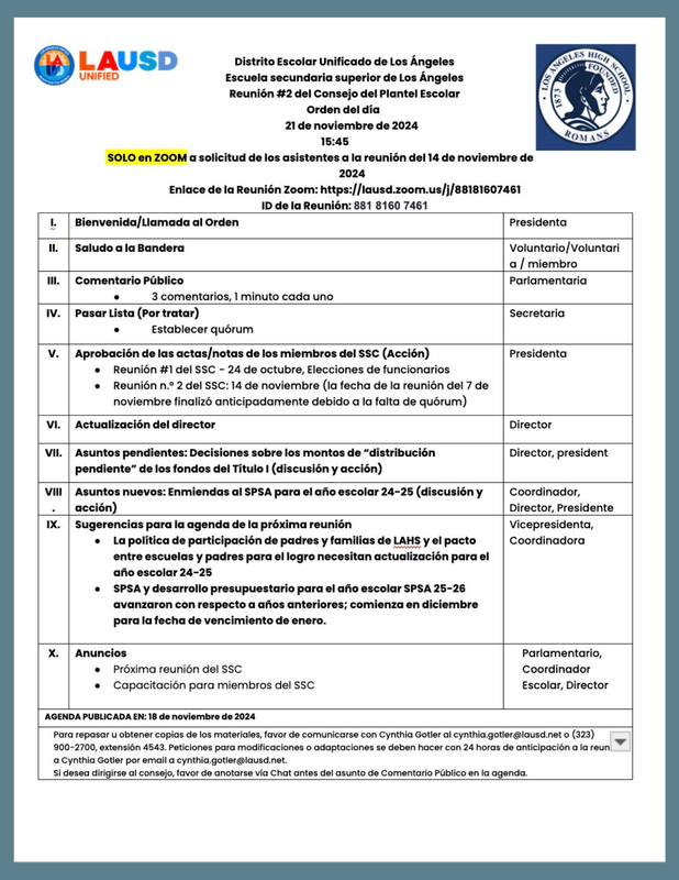 Los Angeles Senior High School School Site Council Meeting #3 Agenda November 21, 2024 3:45pm //  Escuela secundaria superior de Los Ángeles Reunión #2 del Consejo del Plantel Escolar Orden del día 21 de noviembre de 2024 Featured Photo