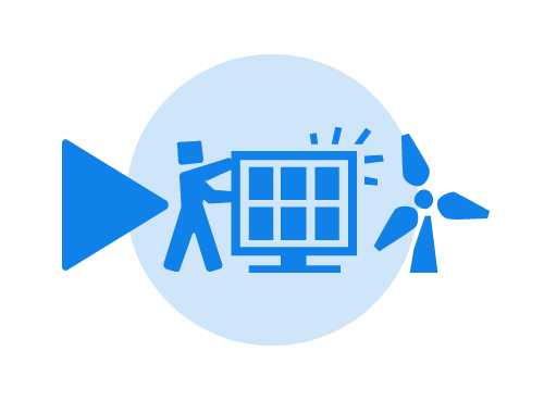 Pictograph of 'start' symbol and figure lifting solar panels and wind turbines