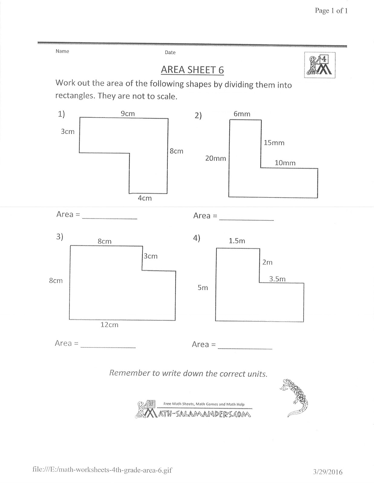 Combined Area Worksheets