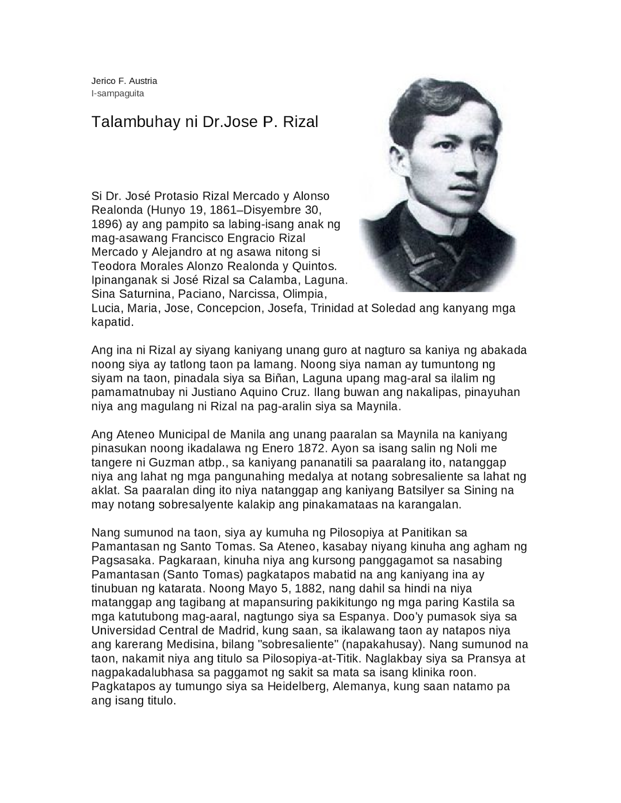 Pagsusulit Sa Filipino Talambuhay Ni Rizal Pagsusulit Tungkol Sa | The ...