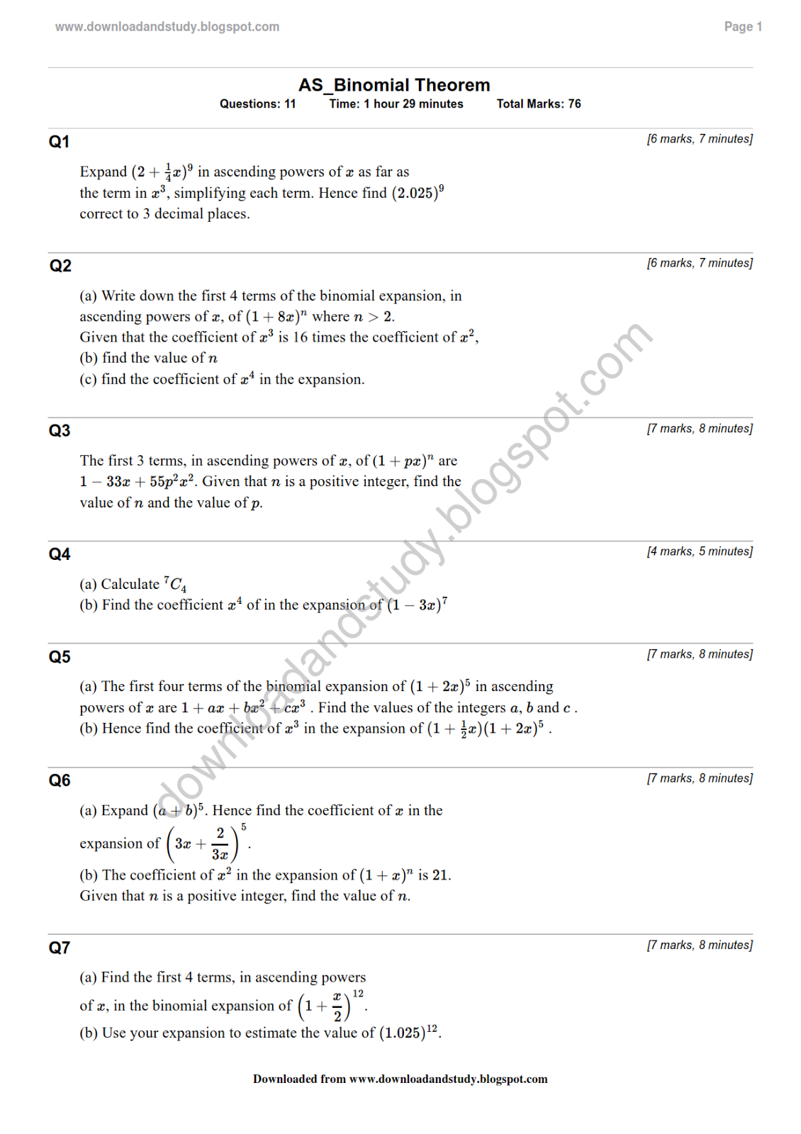 Worksheet On Binomial Theorem