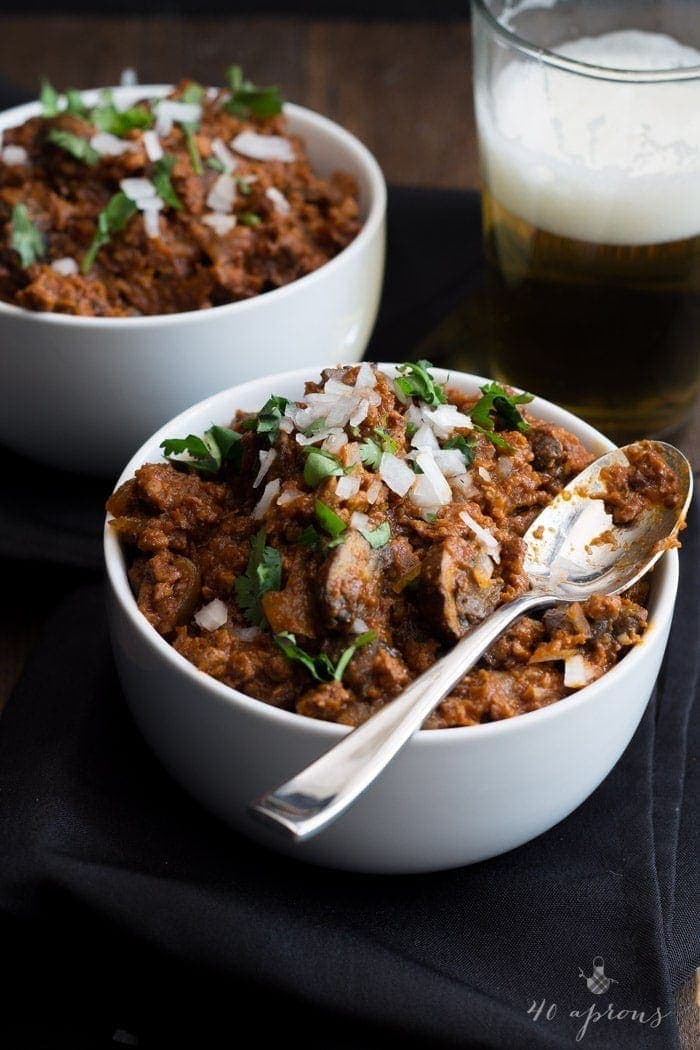 The best vegan chili I've ever had! Uses ground seitan and mushrooms, stout, and chipotle. Freaking delicious.