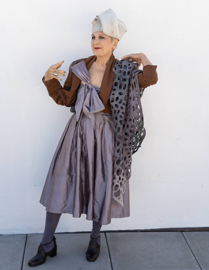 Debra Rapoport wearing silver gray with brown | 40plusstyle.com