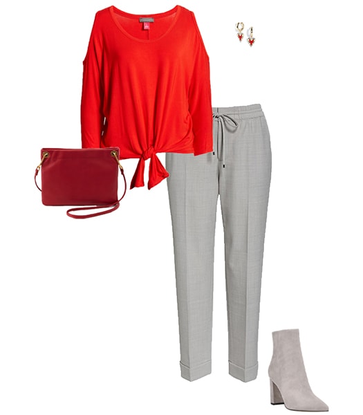 Outfit combining gray with red | 40plusstyle.com