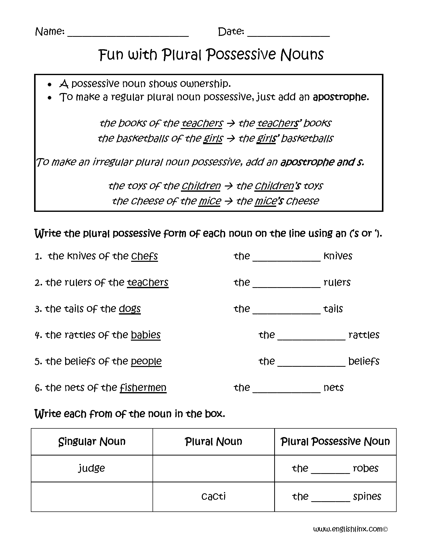 Free Printable Possessive Nouns Worksheets