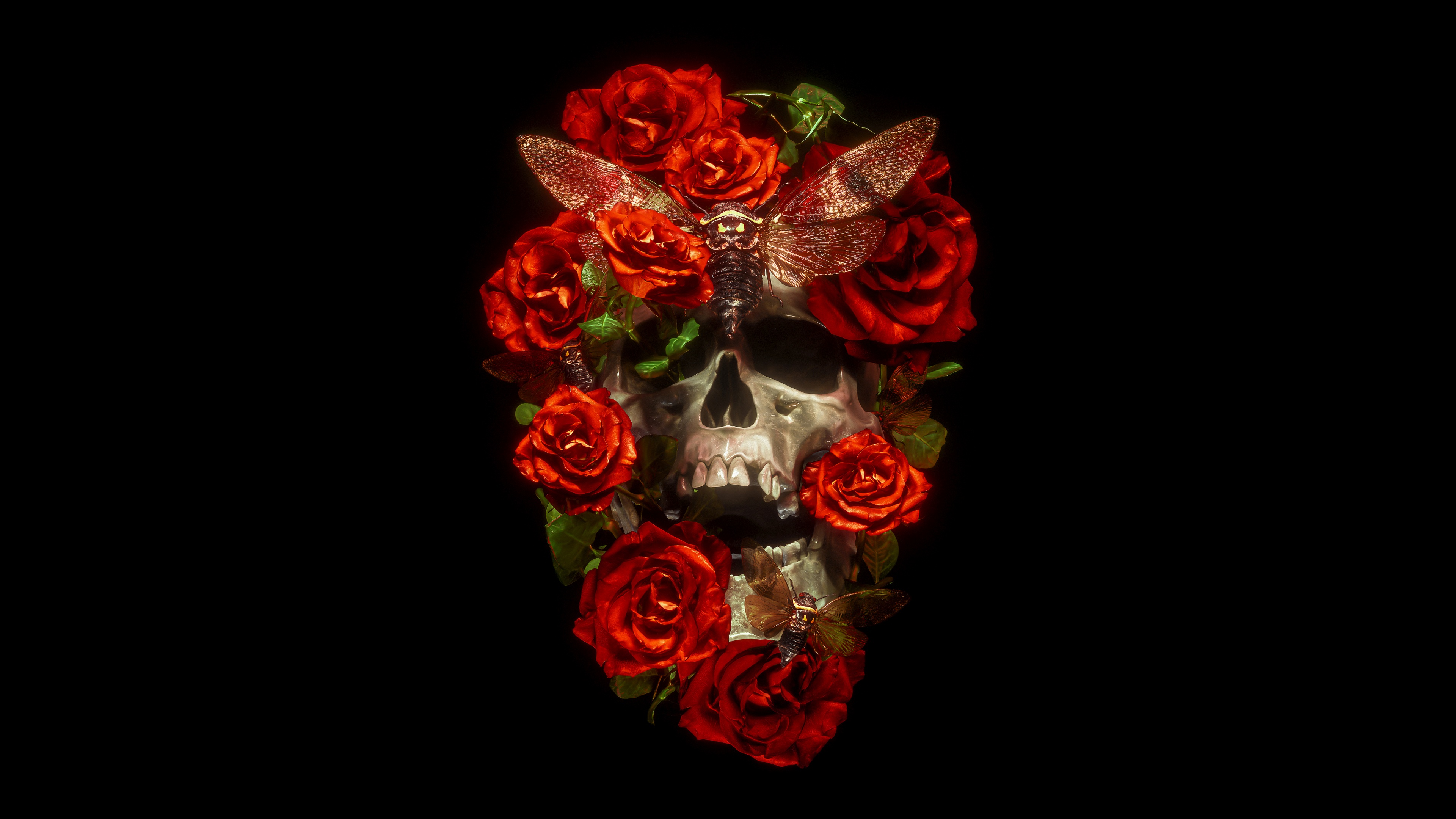 Skull Wallpaper 4K, Roses, AMOLED, 5K