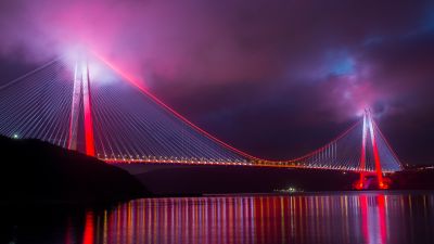 Yavuz Sultan Selim Bridge, Istanbul, Turkey, 5K, Night lights, Reflection