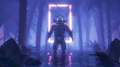 Cyberpunk, Astronaut, Neon background, Psychedelic, 5K, Forest, Blue background